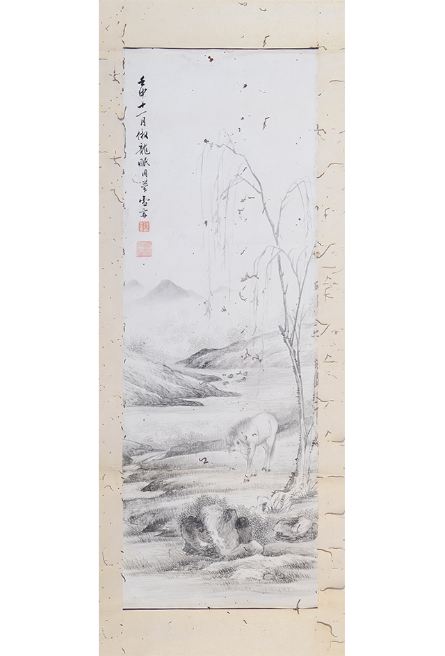 现代傅雪齐山水骏马图轴